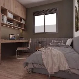 Quarto com cama e piso de madeira.