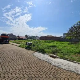 Foto da área externa com caminho de tijolos e grama.