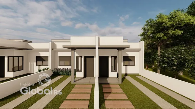 Fachada moderna de uma residência com jardim e deck em Lajeado, Brasil.
