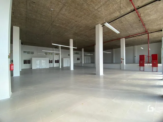 Espaço interno amplo com teto de concreto aparente e colunas brancas.