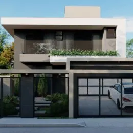 Fachada moderna de uma residência em Lajeado, Brasil, com grandes portas de vidro.