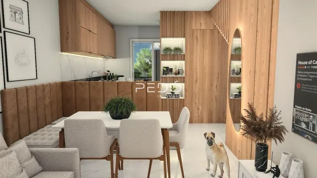 Ambiente interno moderno com painéis de madeira e mesa de jantar.