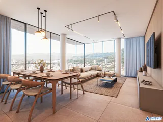 Sala de jantar e estar com vista para a paisagem urbana.