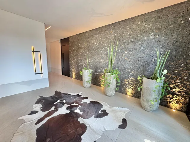 Hall de entrada com parede de pedra e plantas decorativas em um imóvel no Brasil.