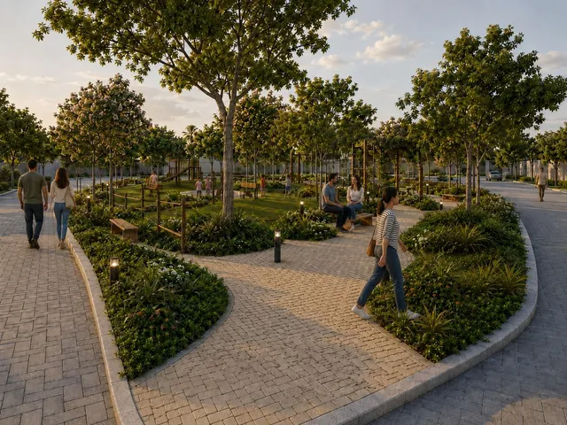Vista de um jardim com árvores e caminhos em Lajeado.
