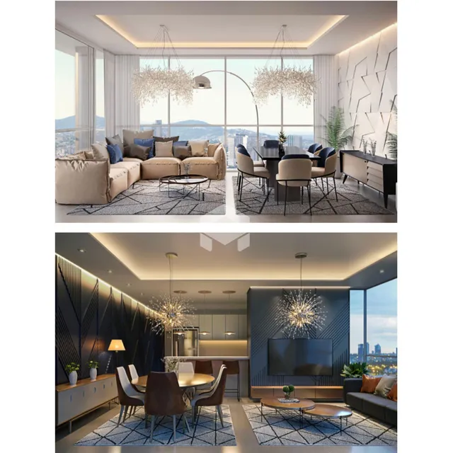 Sala de estar e jantar moderna com grandes janelas e vista da cidade.