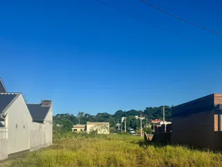 Vista de um campo aberto com vegetação seca sob um céu azul.