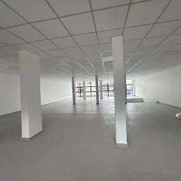 Imagem de um espaço interno amplo com paredes brancas e teto de grid.