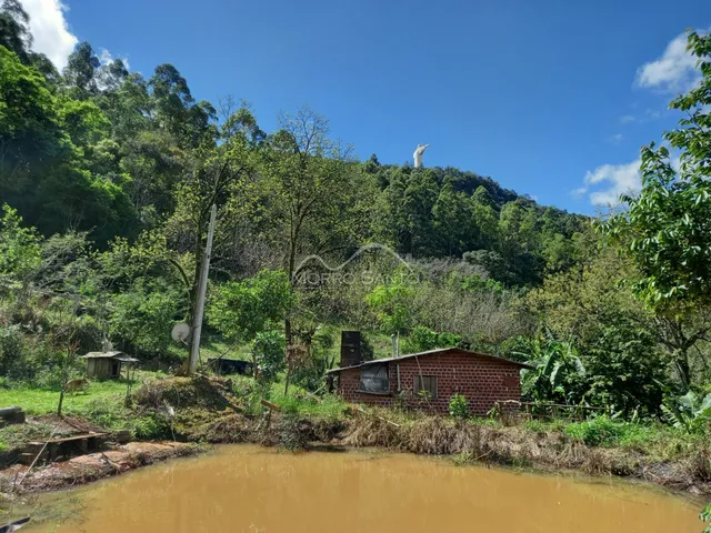 Fachada de uma casa de tijolos em uma área rural com vegetação densa ao fundo.