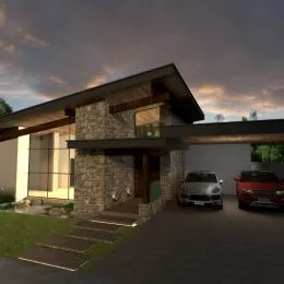 Fachada externa de uma residência com revestimento de pedra e estrutura de cobertura.