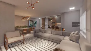 Sala de estar moderna com sofá grande e tapete geométrico.