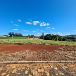 Campo aberto com terra vermelha e vegetação ao fundo sob um céu azul.