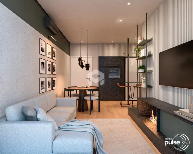 Sala de estar moderna com piso de madeira e lareira.