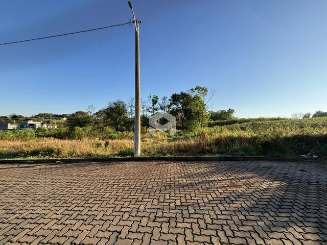 Vista externa de uma propriedade com grama seca e pavimento de tijolos.