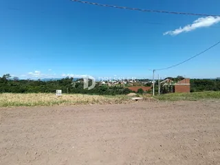 Vista da propriedade em uma área rural com campo e estrada de terra.