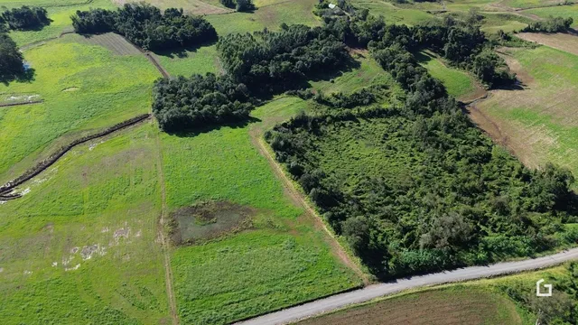 Vista aérea de uma propriedade rural com campos e vegetação densa.