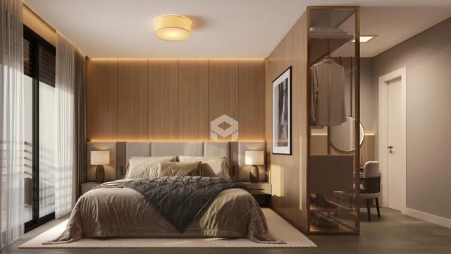 Quarto moderno com cabeceira e armário de madeira.