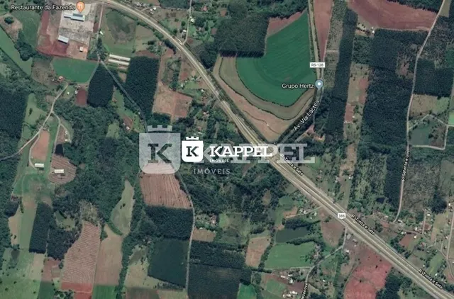 Vista aérea de uma área rural com campos e vegetação na região de Lajeado.