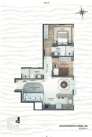 Planta baixa de um apartamento de 62.29 m² mostrando a disposição dos cômodos.