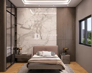 Quarto moderno com cabeceira e painel de mármore na sala.