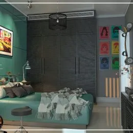Foto de uma sala de estar com sofá verde-água e painel escuro.