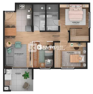 Planta baixa que mostra a distribuição dos cômodos de um apartamento.
