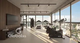Ambiente interno moderno com vista para a paisagem da cidade.