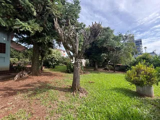 Vista externa de um gramado com árvores e um caminho de terra.