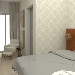 Foto de um quarto com cama e parede texturizada.