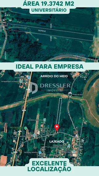 Mapa aéreo da área de Lajeado, Brasil, mostrando limites e vias.