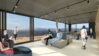 Sala de estar moderna com vista panorâmica para a paisagem.