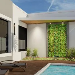 Foto da área da piscina com deck de madeira.