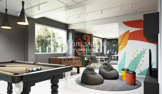 Sala de estar moderna com decoração contemporânea.