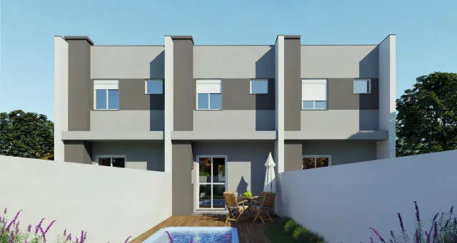 Fachada de uma casa moderna em Lajeado, Brasil, com piscina e deck.