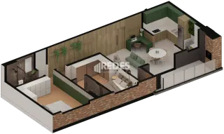 Vista 3D de uma sala de estar e cozinha de uma residência em Lajeado.