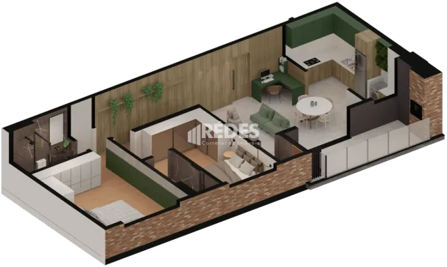 Vista 3D de uma sala de estar e cozinha de uma residência em Lajeado.