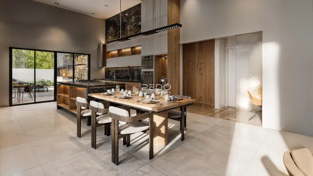 Imagem de uma sala de jantar moderna com vista para o exterior.