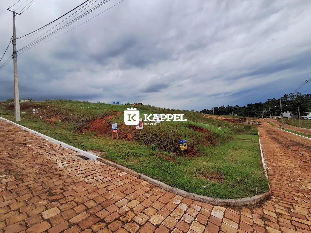 Vista externa de um terreno com vegetação e um caminho de tijolos em Lajeado.