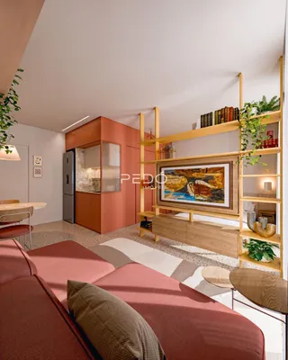 Sala de estar moderna com sofá e estante de madeira.
