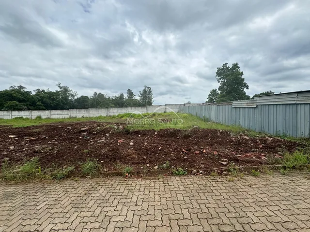 Vista externa mostrando uma cerca de concreto e um terreno com vegetação densa.