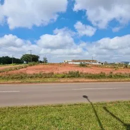 Vista de uma estrada com campo aberto e céu azul.