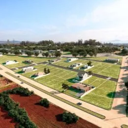 Vista aérea de um loteamento com várias parcelas de terra e vegetação.