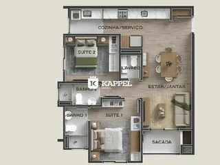 Planta baixa de um apartamento mostrando a disposição de suítes, sala, cozinha e banheiros.