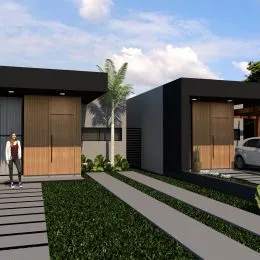 Fachada moderna de uma residência com revestimento de madeira e jardim na frente.