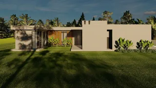 Fachada externa de uma residência moderna com paisagismo em Lajeado, Brasil.
