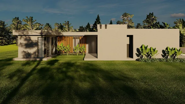 Fachada externa de uma residência moderna com paisagismo em Lajeado, Brasil.