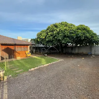 Vista externa de um terreno com gramado e uma grande árvore ao fundo.