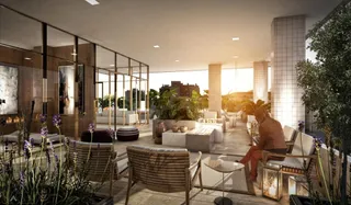Sala de estar moderna com vista para o exterior e paisagem.