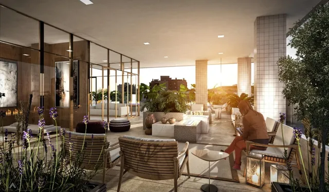 Sala de estar moderna com vista para o exterior e paisagem.