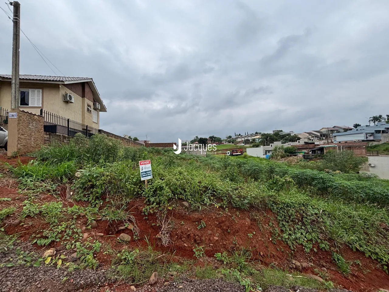 A foto mostra uma encosta com vegetação densa ao lado de uma residência.